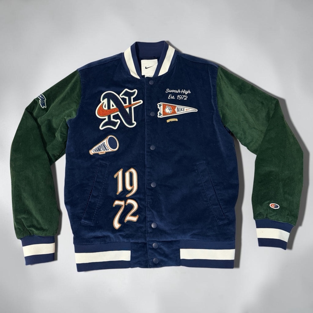 Nike Swoosh High Corduroy Varsity Bomber Jacket Navy Green Size S